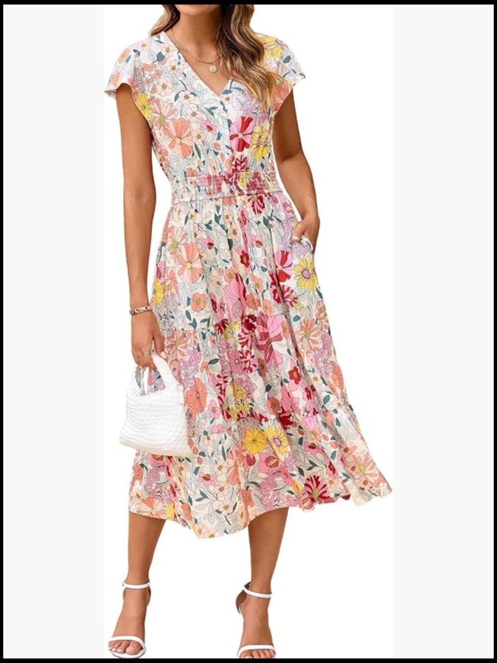 Floral Boho Ruffle Midi Dress, Lightweight Soft Stretch Fabric, V Neck Empire